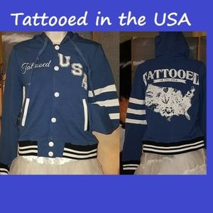 Too Fast Blue Varsity Hoodie w Tattooed in The USA on Back Tattoo Flash Jacket
